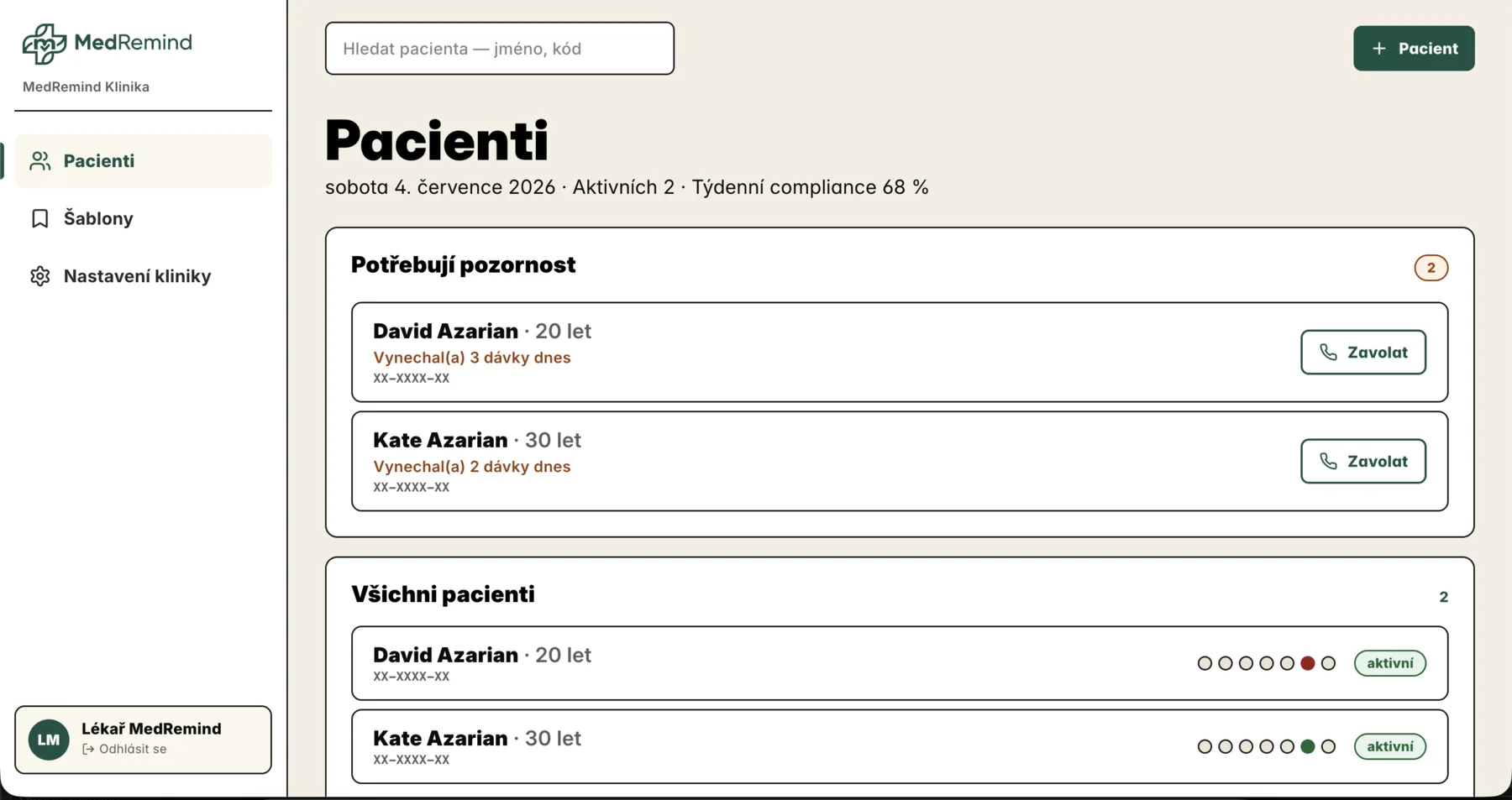 Klinický přehled MedRemind: pacienti rozdělení na „Potřebují pozornost“ a „Všichni pacienti“, s tlačítky Zavolat a týdenní mírou dodržování léčby.